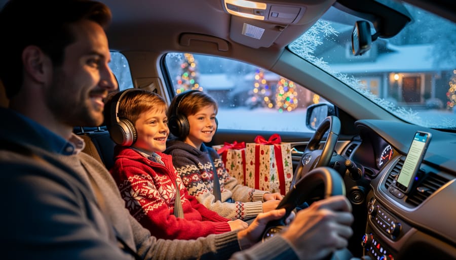 Backseat view of two children wearing headphones in a warmly lit car at dusk, listening to an audiobook from a dashboard-mounted phone, with snow and holiday lights outside the windows.