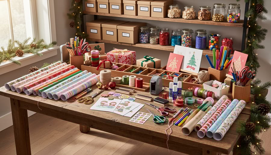 Holiday craft supplies arranged on wooden table with Christmas decorations in background