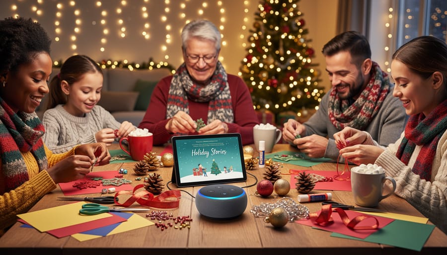 Mother and daughter crafting Christmas ornaments while listening to audiobooks with decorated tree in background