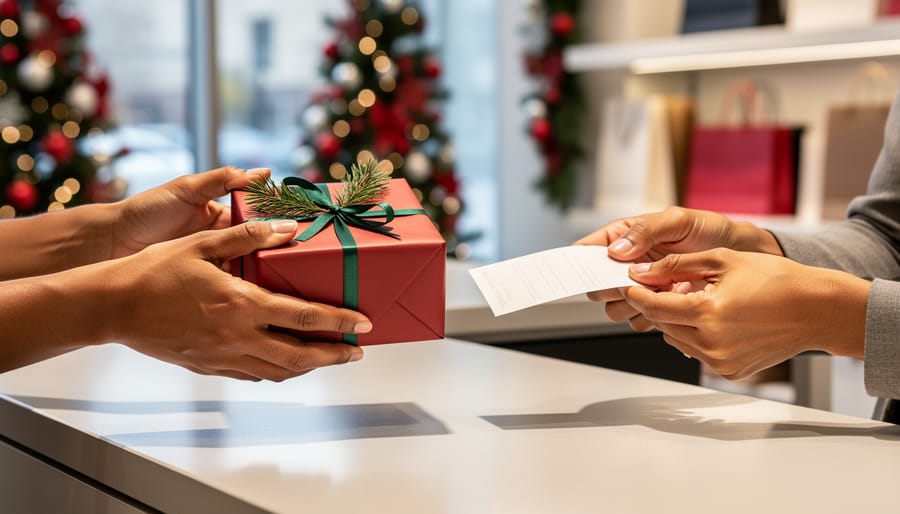 Close-up of hands exchanging a small wrapped present and a plain gift receipt across a retail returns counter with softly blurred holiday decor and shopping bags in the background, no readable text or logos visible.
