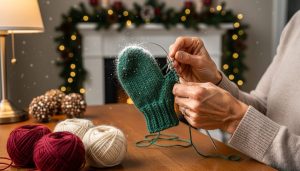 Close-up of hands knitting a tiny forest-green wool mitten with circular needles on a wooden table, cranberry and cream yarn balls beside, warm lamplight, blurred holiday lights and evergreen garland in background.