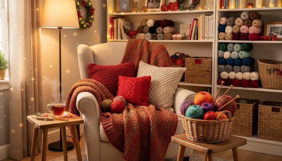 Cozy knitting corner with armchair, yarn basket, and Christmas tree lights by window