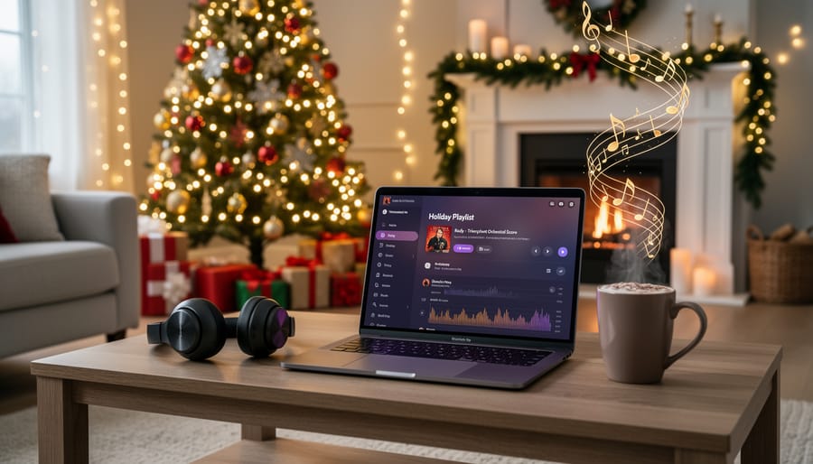 Vintage record player with Christmas decorations creating a festive musical atmosphere