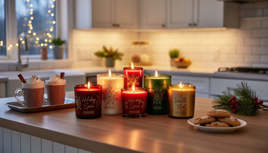 Festive holiday candles surrounded by cinnamon sticks, orange slices, and evergreen branches on kitchen table