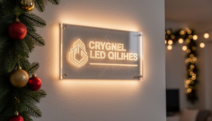 Illuminated laser-cut acrylic holiday sign with LED backlighting mounted above decorated fireplace mantel