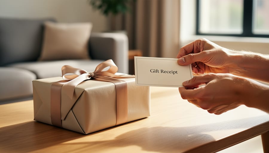 Close-up of hands placing gift receipt in festive gift box with holiday decorations