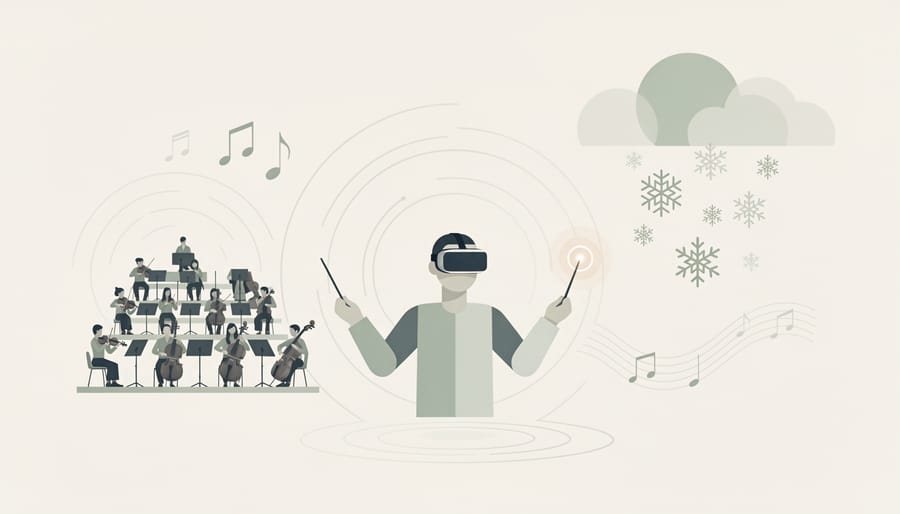 Person wearing VR headset making conducting gesture with holographic musical notes and snowflakes visible