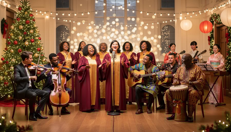 Collection of international Christmas decorations and music sheets from various cultural traditions