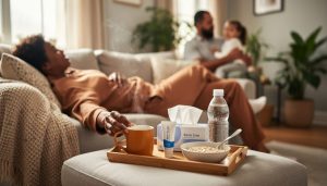 Adult resting on a sofa under a knit blanket, reaching for a warm mug beside a care basket, water bottle, and oatmeal, with houseplants and a supportive family member softly blurred in the background.
