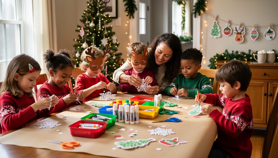 Children and a parent crafting paper snowflakes, reindeer masks, and ornaments at a butcher-paper-covered dining table with bins of glue sticks, markers, and safety scissors, lit by soft daylight and warm string lights, with a blurred Christmas tree in the background.