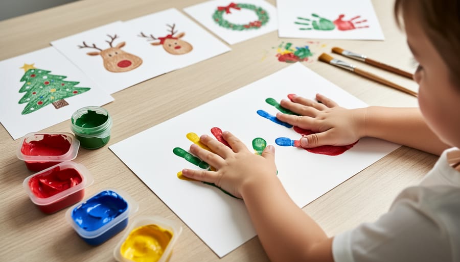 Child's hands making colorful handprint ornament craft