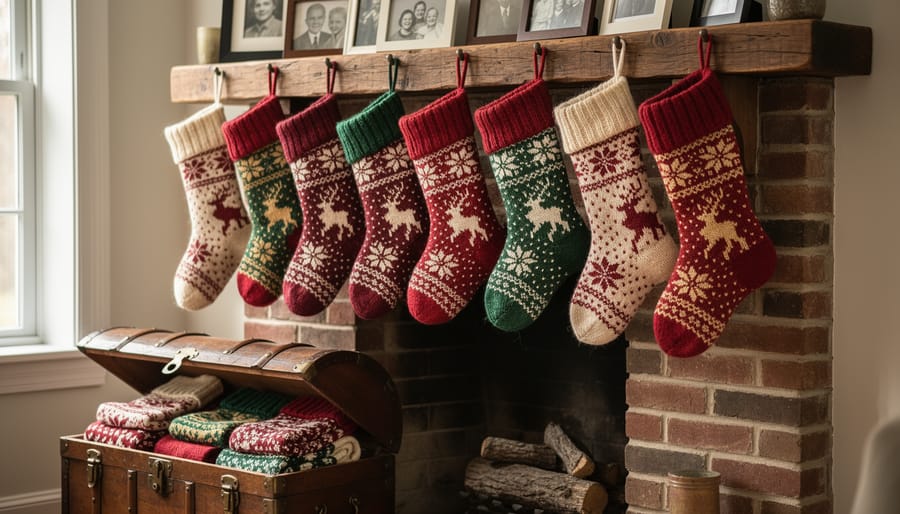 Overhead view of handmade knitted Christmas stockings in red, green, and cream patterns