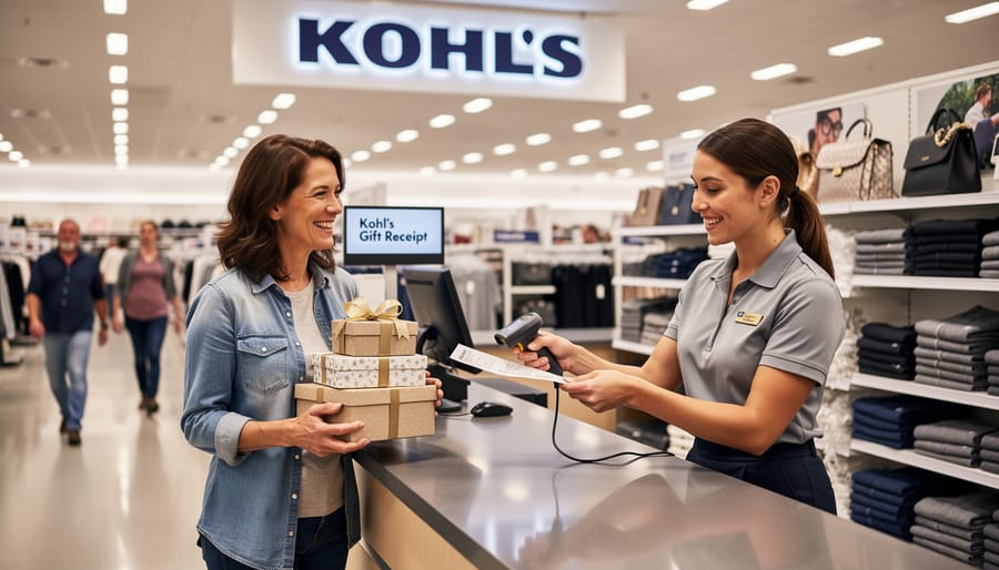 Woman at Kohl's customer service counter with folded clothing item and gift receipt