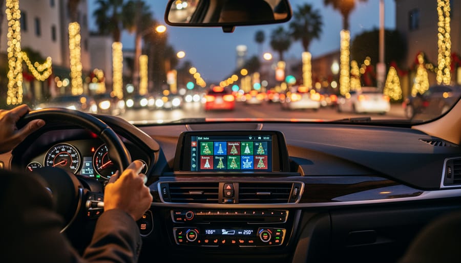 Close-up of car radio dial tuned to holiday music station with Christmas lights visible through windshield