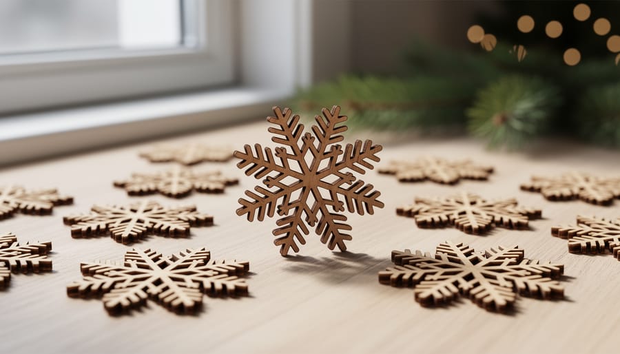 Collection of intricate laser-cut wooden snowflake ornaments on white surface