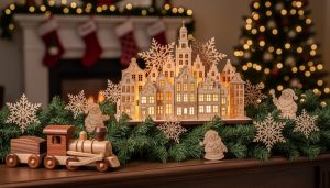 Laser-cut wooden Christmas village glowing with warm light on a mantel, surrounded by snowflake and Santa silhouette ornaments in pine garland and a small wooden toy train, with blurred fireplace and Christmas tree lights in the background.