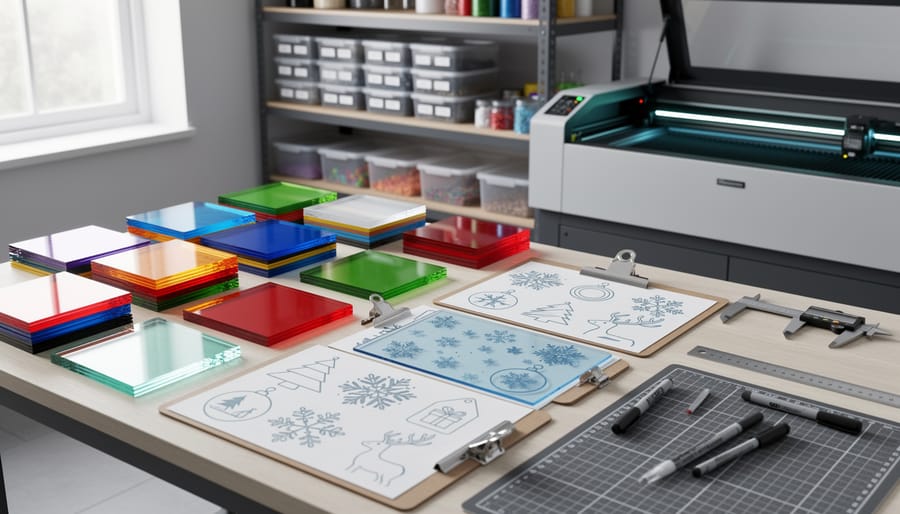 Overhead view of organized laser cutting workspace with colorful acrylic sheets and holiday design materials