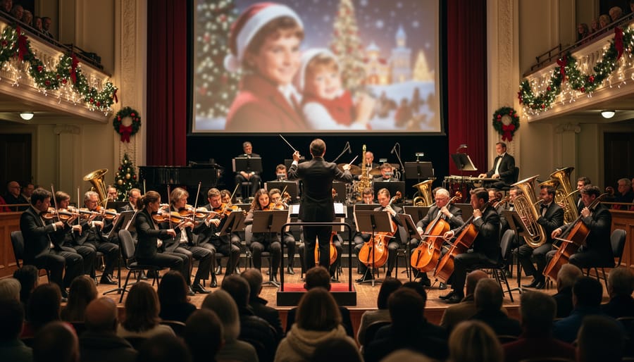 Orchestra conductor's hands with baton over illuminated Christmas music score