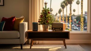 Smart speaker and vintage radio on a console beside a small Christmas tree in a sunlit Los Angeles living room, with palm trees wrapped in string lights visible through the window.