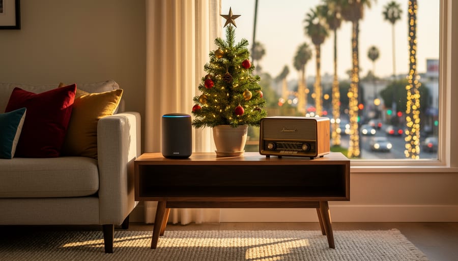 Smart speaker and vintage radio on a console beside a small Christmas tree in a sunlit Los Angeles living room, with palm trees wrapped in string lights visible through the window.