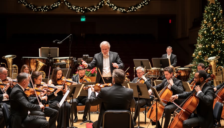 Close-up of violinist's hands performing during live orchestra concert