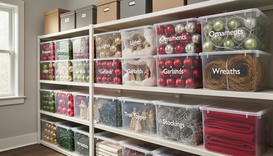 Organized garage shelving with labeled storage bins containing sorted Christmas decorations and lights