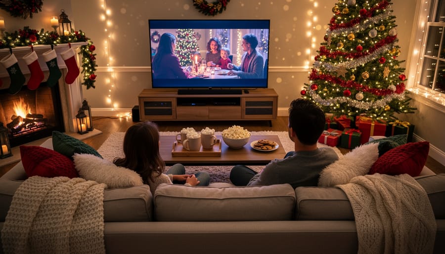 Cozy living room decorated for Christmas with glowing tree, comfortable seating, and festive lighting