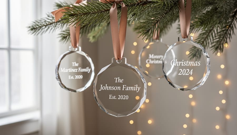 Layered acrylic ornaments with personalized family names hanging on Christmas tree with lights
