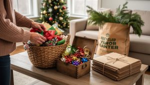 Hands sorting colorful wrapping paper into a basket and placing ribbons into a wooden tin on a coffee table, with flattened cardboard boxes, a softly blurred Christmas tree, and a kraft bag of evergreen branches in the background.