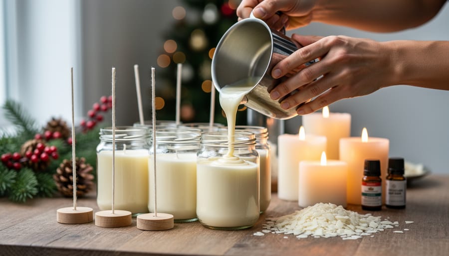 Close-up of hands carefully pouring melted wax into glass jar during candle-making process