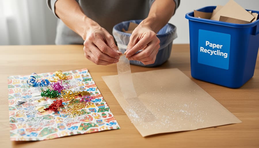 Hands carefully removing non-recyclable tape and embellishments from Christmas wrapping paper