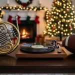 Brass French horn beside a spinning vinyl record on a wooden coffee table with a leather football, in a cozy living room with a glowing Christmas tree and fireplace stockings; sharp foreground, softly blurred family in background.