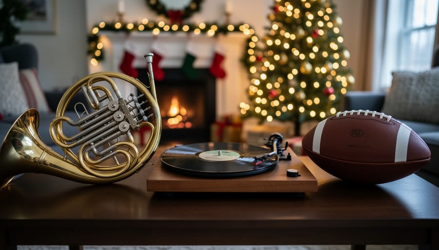 Brass French horn beside a spinning vinyl record on a wooden coffee table with a leather football, in a cozy living room with a glowing Christmas tree and fireplace stockings; sharp foreground, softly blurred family in background.