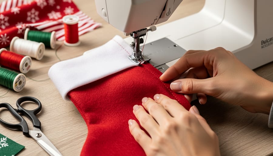 Close-up of hands sewing red velvet stocking fabric on sewing machine