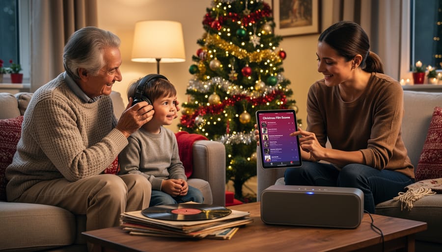 Parent and child enjoying Christmas music together on couch with festive decorations