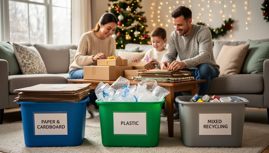 Overhead view of sorted Christmas materials including wrapping paper, cardboard, ribbons, and cards arranged in organized piles