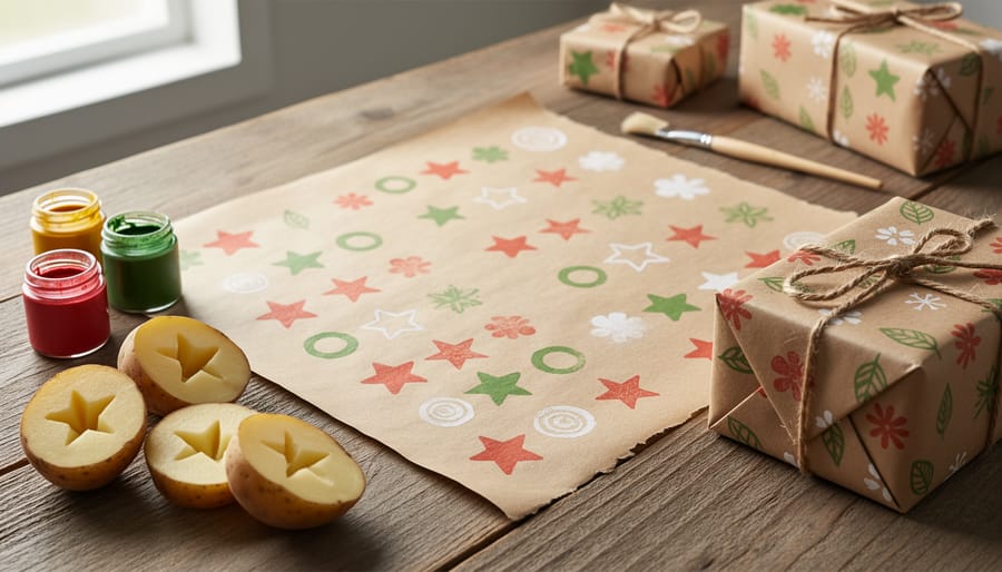Hands using potato stamp to create red patterns on brown kraft paper