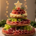 Standing Christmas tree charcuterie board on a three-tier wooden stand, topped with a star-shaped cheese and decorated with salami roses, assorted cheeses, grapes, rosemary, and pomegranate, photographed in warm indoor light with blurred garland and candles behind.