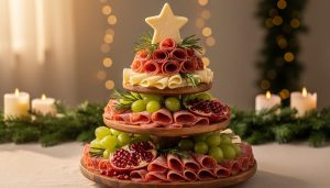 Standing Christmas tree charcuterie board on a three-tier wooden stand, topped with a star-shaped cheese and decorated with salami roses, assorted cheeses, grapes, rosemary, and pomegranate, photographed in warm indoor light with blurred garland and candles behind.
