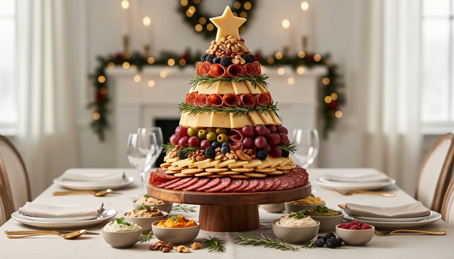 Standing Christmas tree-shaped charcuterie board filled with meats, cheeses, and fruits as holiday party centerpiece