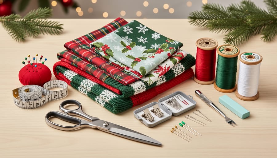 Flat lay of stocking sewing supplies including velvet fabric, scissors, thread, and pattern pieces