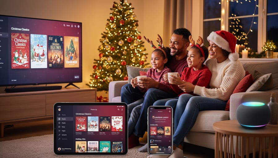 Hands holding smartphone showing Christmas music playlist on streaming app with cozy holiday setting