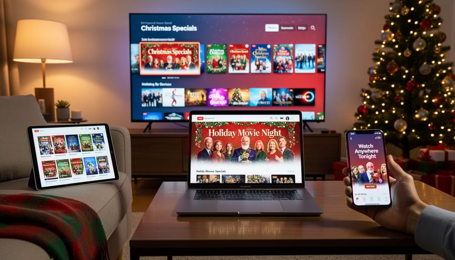 Tablet and phone showing streaming apps surrounded by Christmas decorations on wooden table