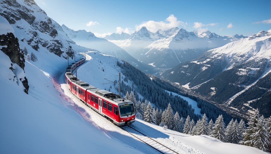 Swiss mountain train crossing historic stone viaduct through snow-covered Alps