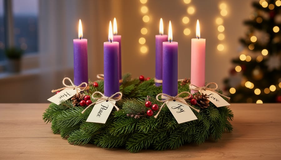 Traditional Advent wreath with four candles in purple and pink arranged in evergreen branches