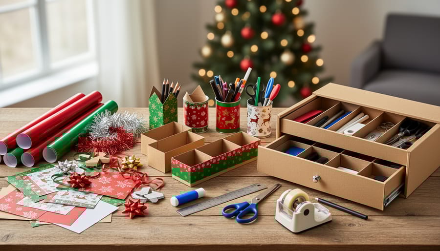 Display of creative upcycled items made from recycled Christmas wrapping paper and cardboard