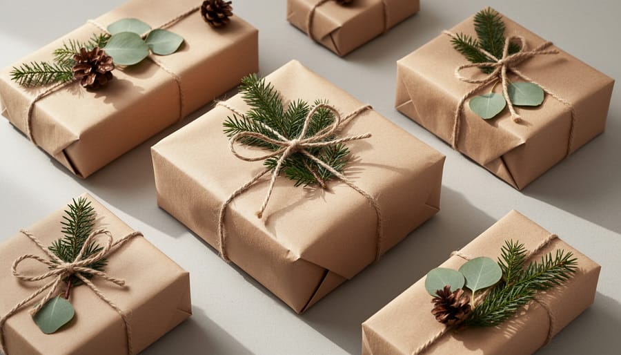 Overhead view of gift wrapped in brown paper with natural twine, evergreen sprigs, and dried orange slices