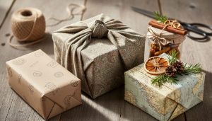 Close-up angled view of eco-friendly Christmas gifts—fabric furoshiki-wrapped box, kraft-paper parcel with stamped pattern, map-wrapped present, and twine-tied glass jar—decorated with dried orange slices, cinnamon sticks, rosemary, and pinecones on a wooden table, with a twine spool and scissors softly blurred in the background.