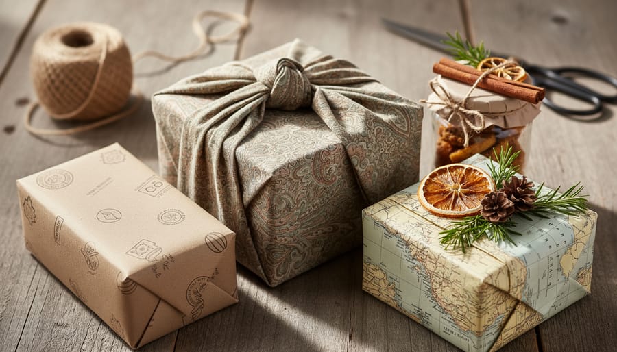 Close-up angled view of eco-friendly Christmas gifts—fabric furoshiki-wrapped box, kraft-paper parcel with stamped pattern, map-wrapped present, and twine-tied glass jar—decorated with dried orange slices, cinnamon sticks, rosemary, and pinecones on a wooden table, with a twine spool and scissors softly blurred in the background.