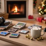 Coffee table with retro game cartridges, a handheld console, a modern controller, over-ear headphones on vinyl records, jingle bells, and a steaming mug of cocoa in a warm holiday living room with a blurred Christmas tree and fireplace.